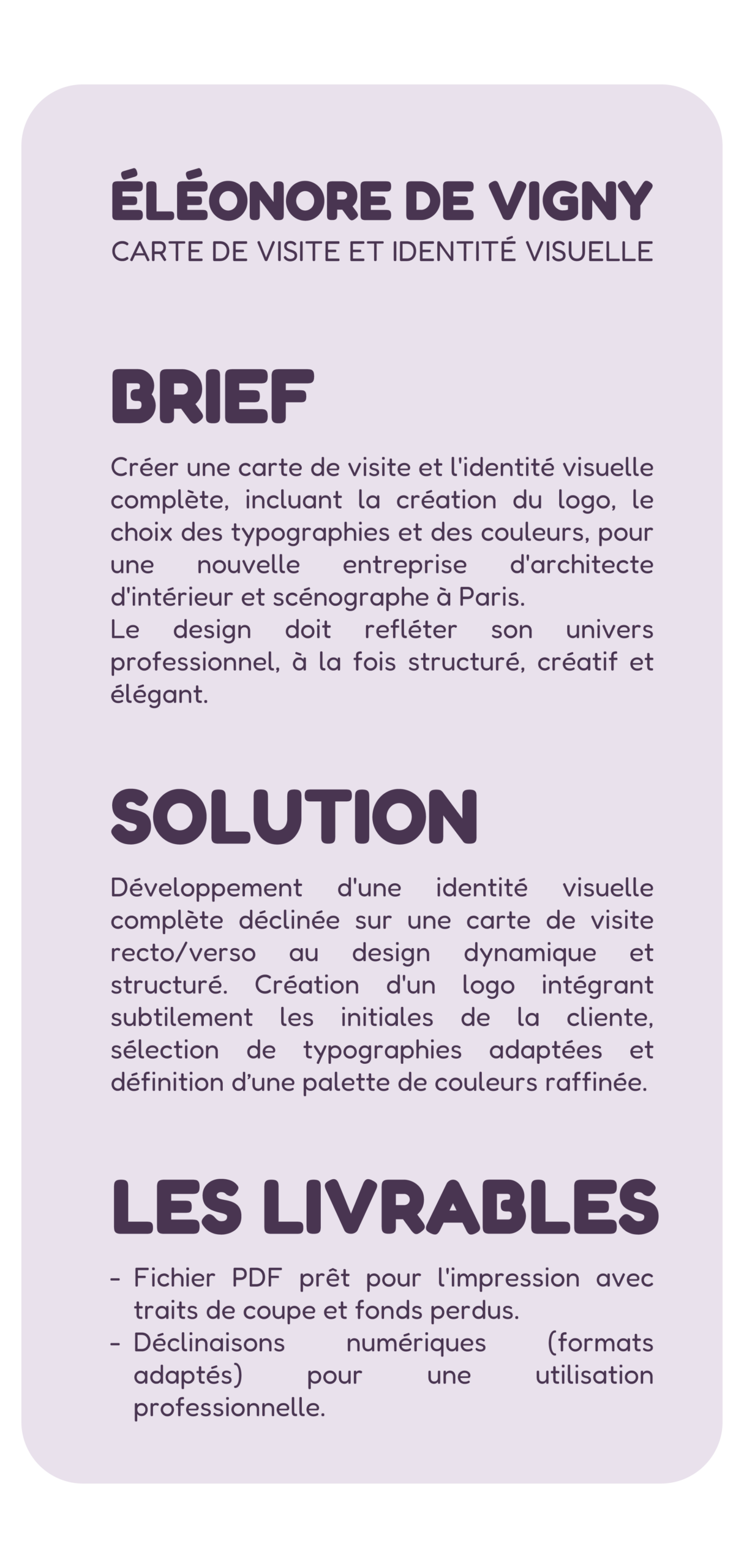 Eleonor de Vigny architecte d'intérieur et scénographe brief solution livrables FB Graphiste