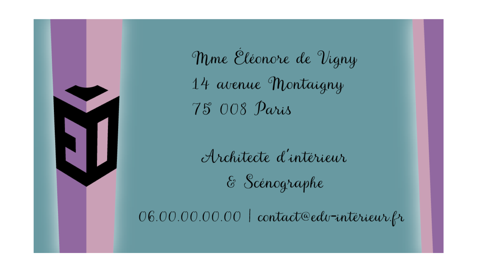 Eleonor de Vigny architecte d'intérieur et scénographe carte de visite à plat ton violet bleu FB Graphiste