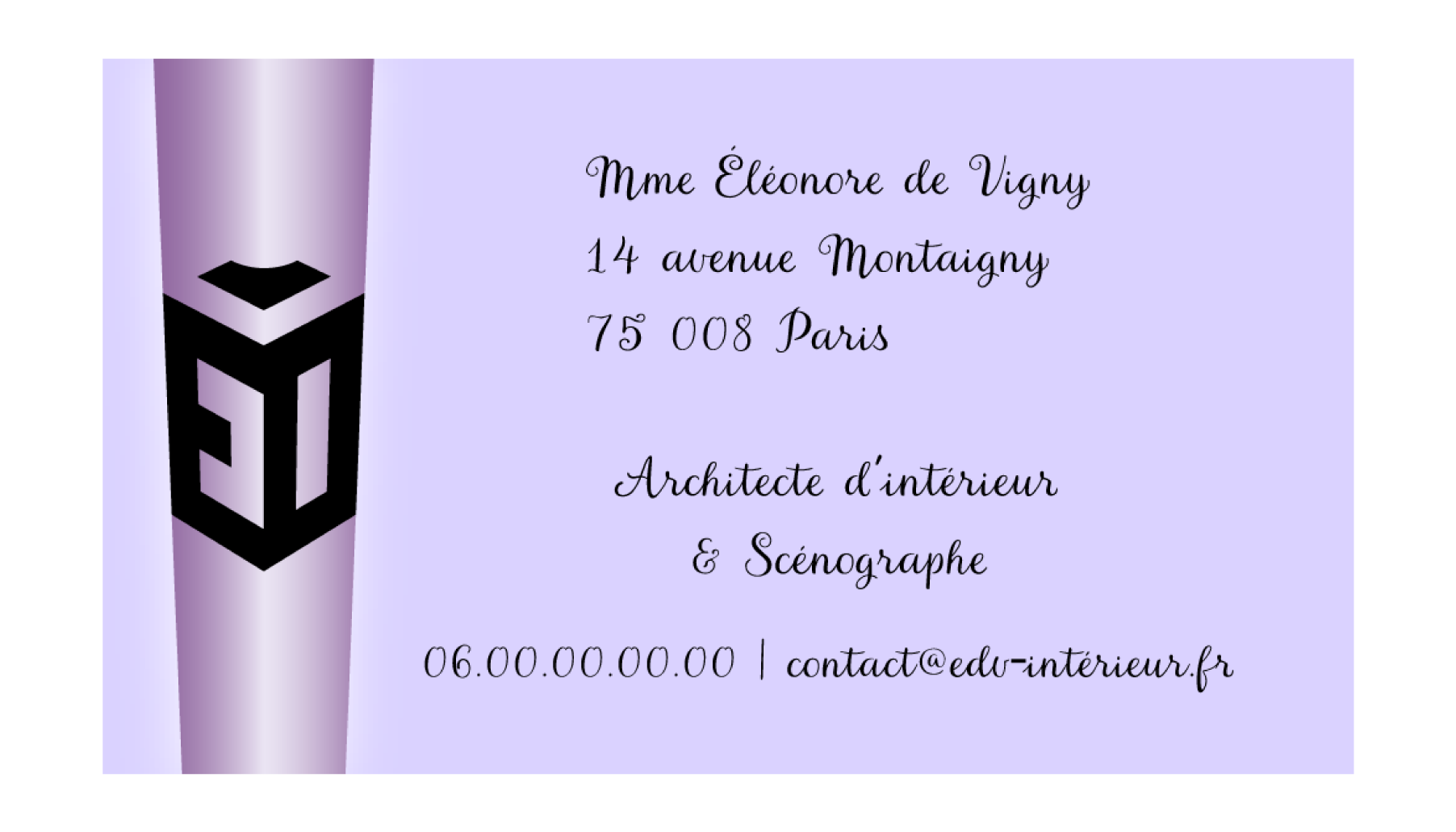 Eleonor de Vigny architecte d'intérieur et scénographe palette de couleur mise à plat carte de visite verso violine FB Graphiste